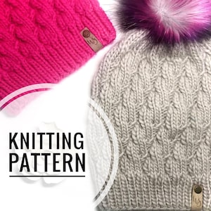 May include: Knitting pattern for a beanie hat with a pom pom. The beanie is shown in two colors, pink and gray. The pattern includes instructions for knitting the hat and pom pom.