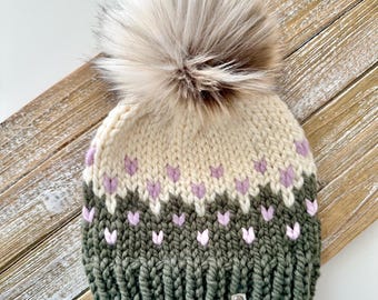 Cozy Knit Beanie with Removable Faux Fur Pom Pom - Olive, Natural and Lilac