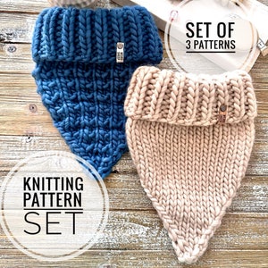 May include: Two knitted cowls, one blue and one beige, are displayed on a wooden surface. The blue cowl has a textured pattern, while the beige one has a simpler knit. Each cowl has a folded collar. Text on the image reads "Knitting Pattern Set" and "Set of 3 Patterns."