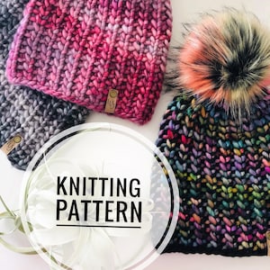 May include: Knitting pattern for a colorful beanie hat with a fluffy pom pom. The hat is made with a chunky yarn and has a textured stitch pattern. The pattern is available for download.