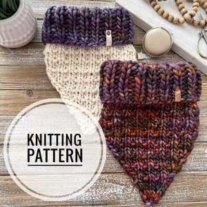 May include: Knitting pattern for a cowl or neck warmer. The pattern features two different colourways, one in a cream colour and the other in a mix of purple, orange, and brown. The pattern is shown on a wooden surface with a circle that says "Knitting Pattern".