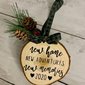 New Home Christmas Ornament: Rustic Wood Slice with Buffalo Plaid Ribbon