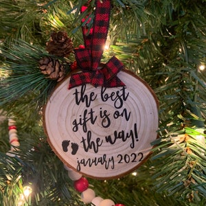 Baby On The Way Christmas Ornament: Rustic Wood Slice, Buffalo Plaid