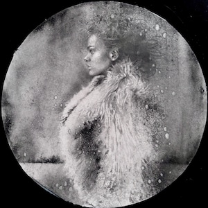 original pencil and graphite drawing on round panel with paper .