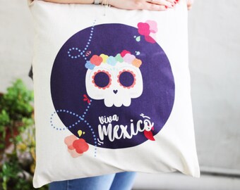 Totebag 100% cotton "Viva Mexico!" / bag mayo Mexico cinco skull flower fashion woman