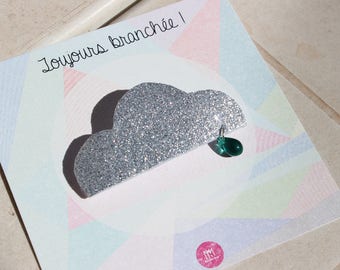 Broche nuage gris avec une perle bleue/verte en mousse