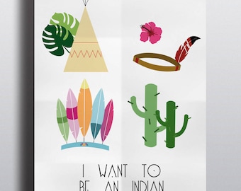 Affiche A4 "Package indien" cactus tipi plume coiffe