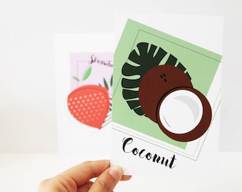 Set of two postcards coconut & strawberry graphic