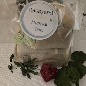 Puede incluir: Una bolsa de plástico transparente llena de varias bolsitas de té de papel marrón etiquetadas como "Backyard Herbal Tea". Las bolsitas de té están rodeadas de hierbas secas verdes y marrones y una flor roja.