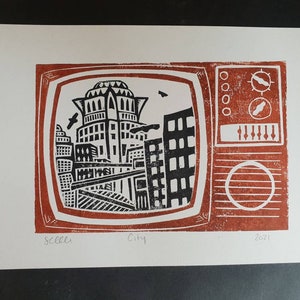 Metropolis inspired vintage TV lino print