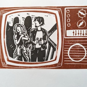 Before Sunrise inspired vintage TV lino print