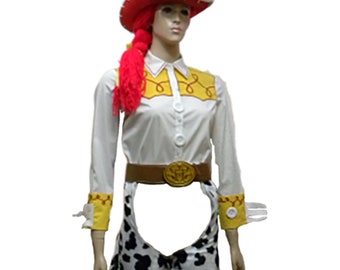 Adult X-Large Jessie 6 Piece Disney Pixar Toy Story Jessie Costume Shirt Chaps front Belt & Buckle Cowgirl Hat Wig