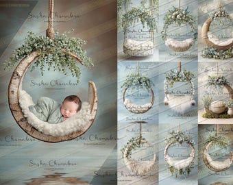 9  Digital backgrounds backdrops newborn baby girls boys bum up pose swings moons with  eucalyptus  boho  Ai generated 