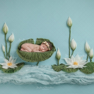 Digital backdrop, background newborn baby girl boy lily pad lilies lake light blue  white  green  floor art ,wool, felting, felted, felt