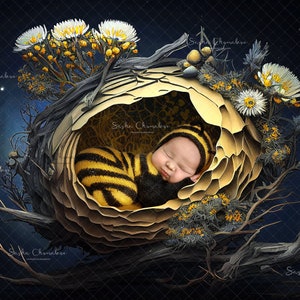 Könnte beinhalten: Ein neugeborenes Baby, das ein gelbschwarzes gestreiftes Bienenkostüm trägt, schläft in einem wabenförmigen Nest aus Zweigen und Blumen.