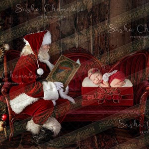 Sfondo digitale sfondo neonato bambino o bambina sitter Natale rosso scuro Babbo Natale che legge libro