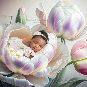 Digitale Kulisse, Hintergrund Neugeborenes Baby Mädchen, handgemalte Blumen Tulpen Frühling Sommer Ostern