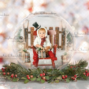 Digital backdrop background newborn  boy or girl Christmas  family , sitters  globe   red berries and green
