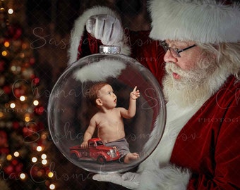 Digitaler Hintergrund Hintergrund Neugeborene Junge oder Mädchen Weihnachten Familie, Sitter Santa mit Ornament Globus dunkel