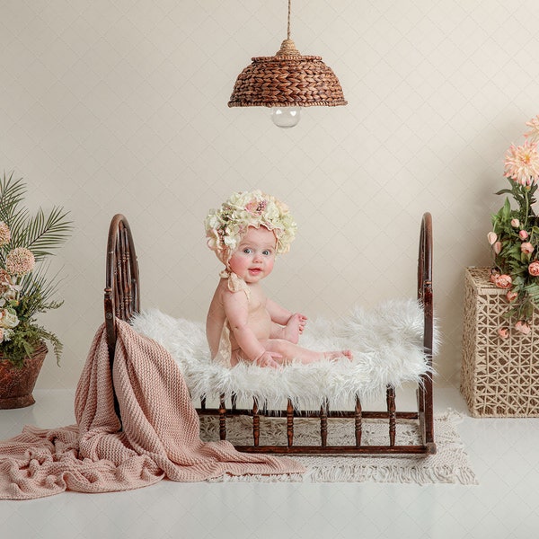 Digital backdrop, background family ,  maternity sitter , newborn siblings ,  bed  white cream fur  wood  spring flowers  boho