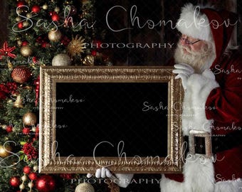 Digital backdrop background newborn  boy or girl Christmas  family , sitters Santa holding frame dark Christmas