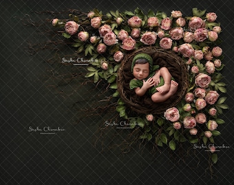 May include: A newborn baby sleeping in a nest of pink peonies and green leaves. The baby is wearing a green knitted outfit and a white hat.