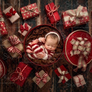 Digital backdrop, background newborn baby girl or boy brown  blanket Christmas  overhead look gifts gift boxes vintage