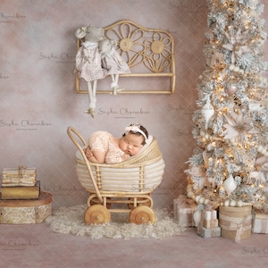 Digital backdrop, background cream pink white  naturals newborn   baby girl  boho rattan   pram Christmas