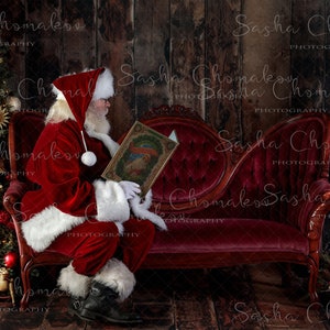 Digital backdrop background newborn baby boy or girl  sitter Christmas dark red Santa reading book