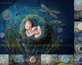 12  Digital backgrounds backdrops newborn baby boys girls  overhead pose dragonflies  Ai generated 