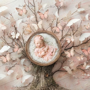 May include: A newborn baby girl sleeping peacefully in a wooden bowl, surrounded by delicate pink and white butterflies. The bowl is nestled in a tree trunk with branches extending out, creating a whimsical and magical scene.