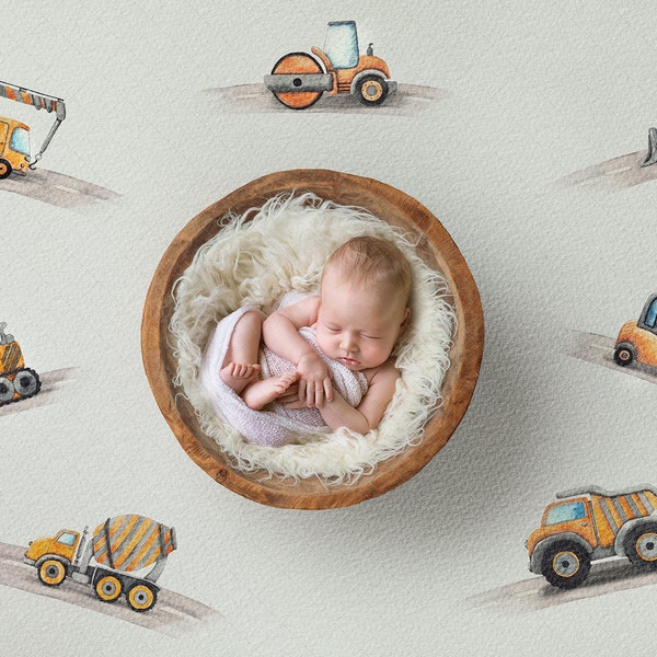 Digital backdrop background newborn baby  girl or boy construction , trucks    overhead white smooth wooden bowl