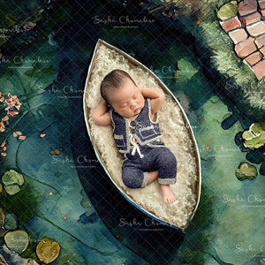 Digital backdrop, background newborn baby boy or girl , boat fishing  lake garden  overhead  watercolor Spring Summer