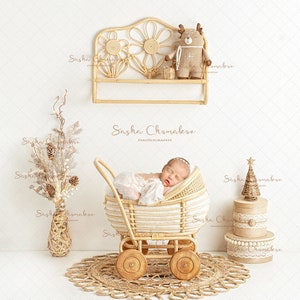 Digital backdrop, background cream white  naturals newborn   baby girl or boy  boho rattan   pram Christmas