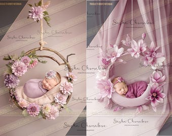 4different Digital backgrounds backdrops newborn baby girls bum up Ai generated vertical swings with floral wreath fabric drapes purple pink