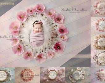 9  Digital backgrounds backdrops newborn baby girls  overhead pose pink poppies    Ai generated 