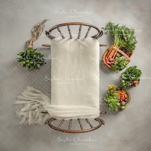 Digital backdrop background newborn  girl or boy  sitter cream  overhead blanket bed light  bunny Easter Spring veggies bed