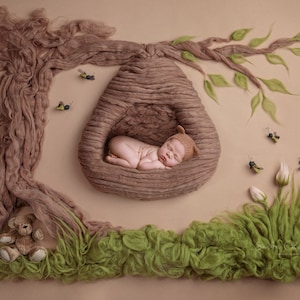 Telón de fondo digital, fondo recién nacido niña o niño abeja oso colmena de abeja árbol colmena
