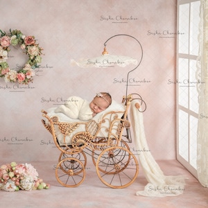 Digital backdrop, background newborn baby girl pink peach floral stroller , pram wicker rattan  ,   wreath , hanging white blanket