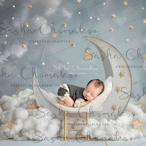 May include: A newborn baby sleeping on a crescent moon prop, surrounded by white clouds and gold stars. The moon is decorated with gold stars and the background is a blue sky with white clouds.