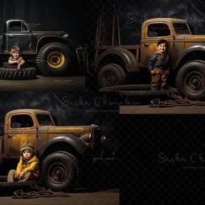 May include: Three images of a vintage, rusty, yellow pickup truck with a young boy standing or sitting next to it. The truck has a black grill and black tyres. The boy is wearing a blue jacket and jeans.