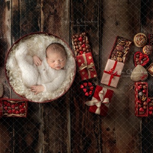 Digital backdrop, background newborn baby girl boy love heart red valentines day v-day dark brown chocolate candy overhead LOVE curls white