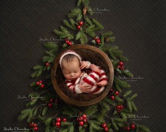 May include: A newborn baby wearing a red and white striped sleeper is sleeping in a wooden bowl surrounded by a Christmas tree made of pine branches and red berries.