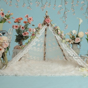 Digital backdrop, background newborn baby girl sitter  light blue  cream fur  blanket tent canopy  sitter toddler tipi teepee pink flowers