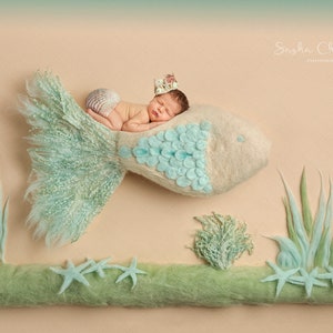 REAL PROPS PHOTOGRAPHY Digital backdrop, background newborn baby girl or boy sea floor mermaid  fish cream green floor art wool felt felting