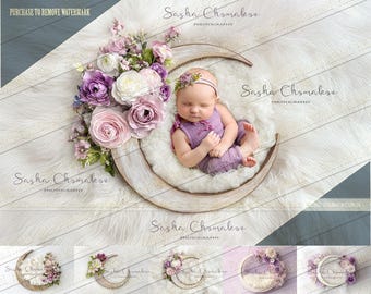 5 different Digital backgrounds backdrops newborn baby boy girls bum up Ai generated moon with flowers   wreath  white purple
