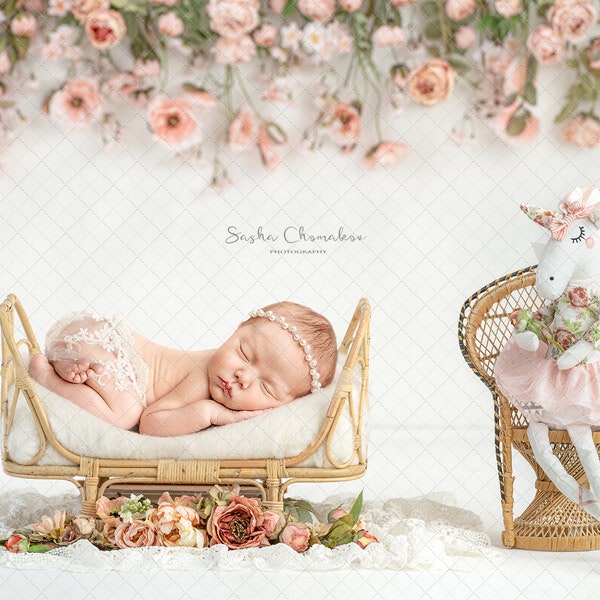 Digital backdrop background newborn  girl  or boy  boho basket pink flowers bed unicorn