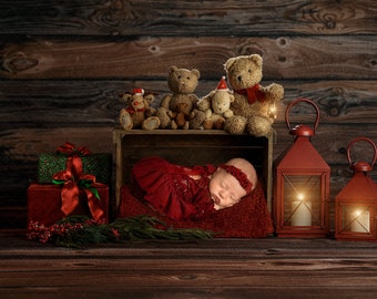Digital backdrop background newborn baby boy or girl   brown teddy teddies bear bears on the shelf wood wall  wooden dark lanterns