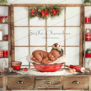 Digital backdrop background newborn baby boy or girl Christmas newborn kitchen light