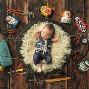 Digital backdrop background newborn   girl or boy   little mechanic at training white fur overhead